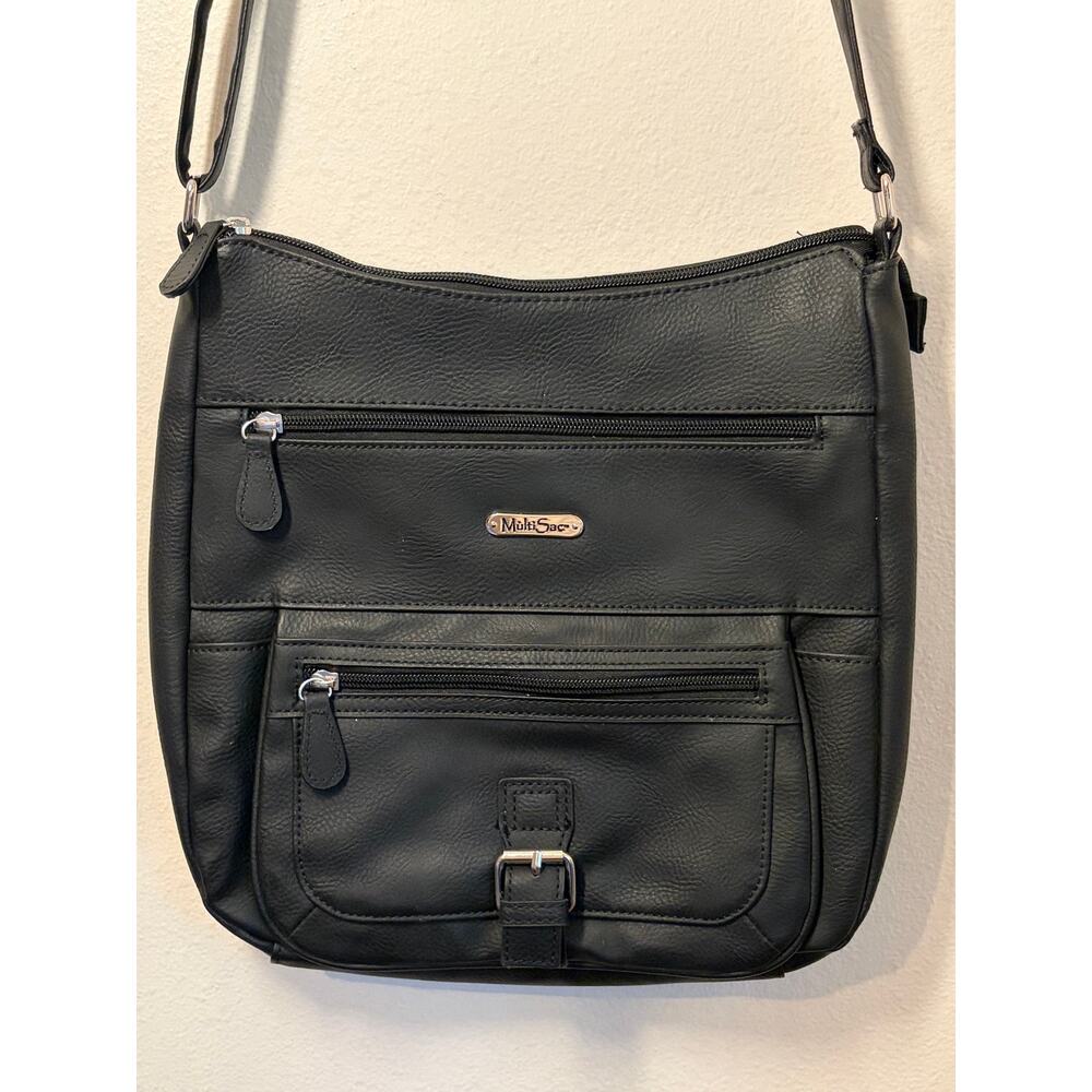 black MultiSac Flare crossbody bag multiple zippered pockets silver hardware NEW